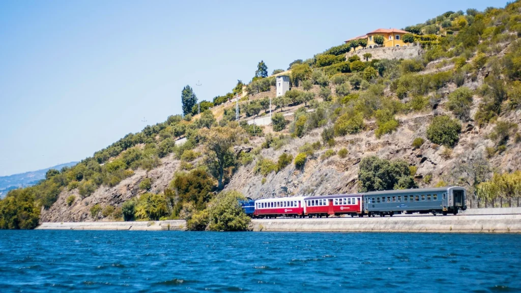 Поезд едет вдоль моря, горы на фоне