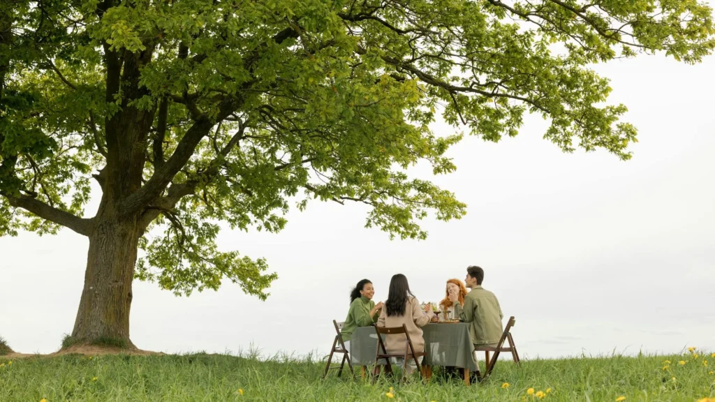 Компания людей сидит за столиком на пикнике под большим деревом