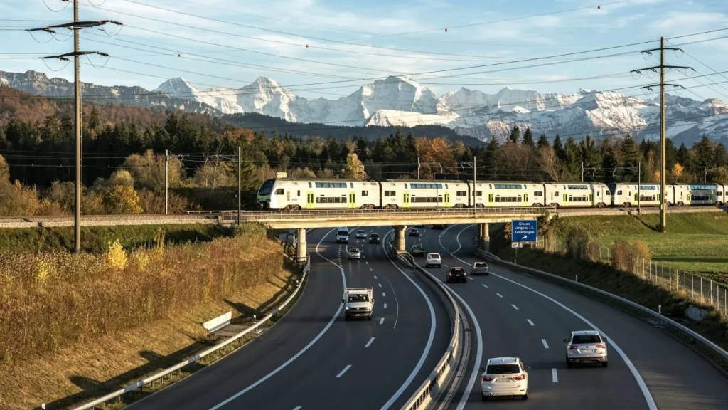 Автомобили на трассе, поезд едет по ж/д мосту на фоне гор