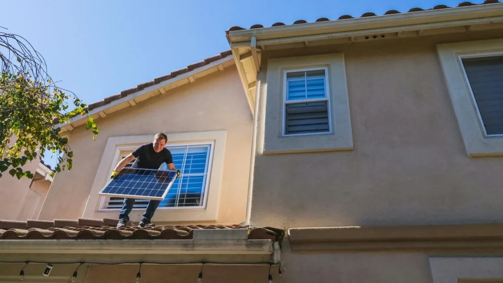 Мужчина устанавливает солнечную панель на крыше дома