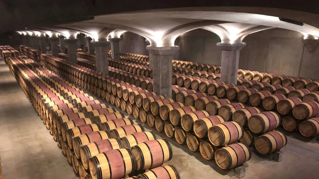 Ряды винных бочек в погребе