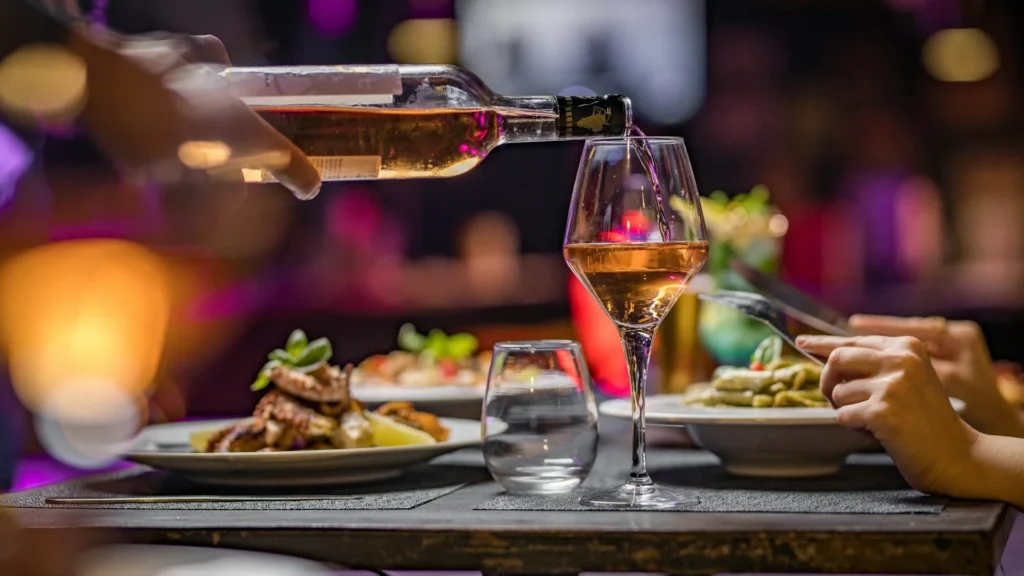 Официант наливает вино в бокал на фоне обедающих посетителей ресторана