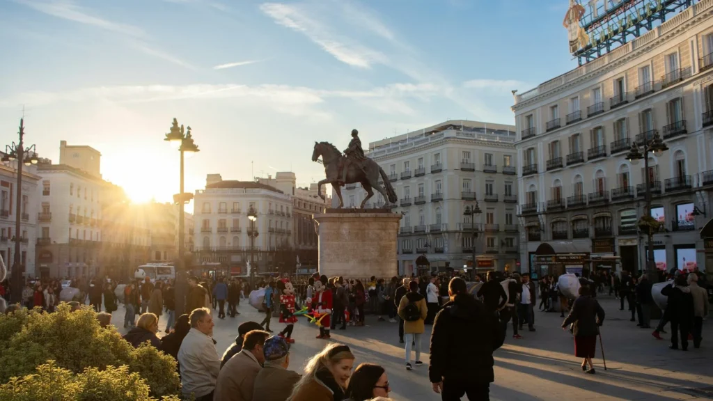 Памятник на площади в Мадриде на закате