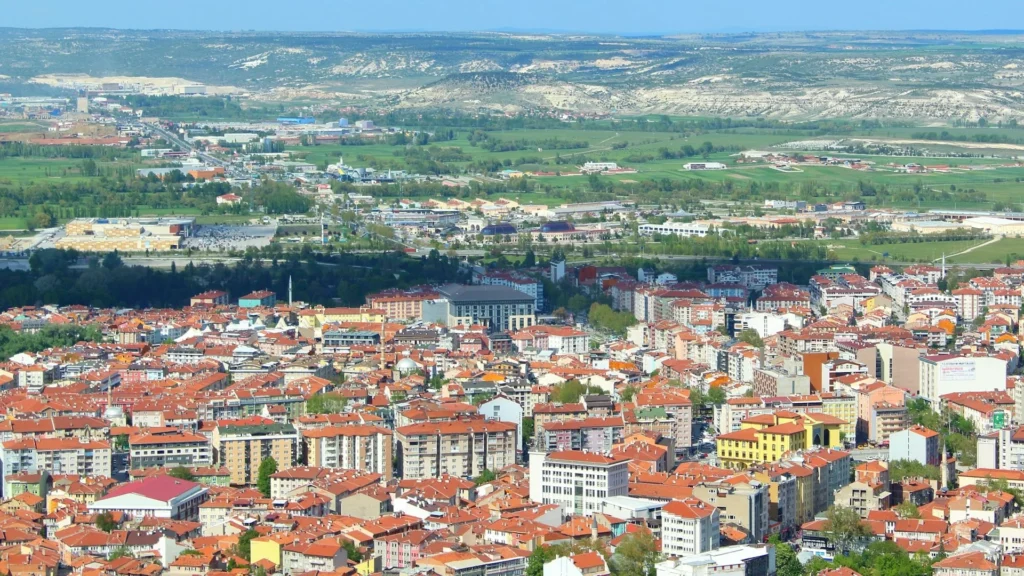 Вид на жилой район сверху, дома с красными крышами