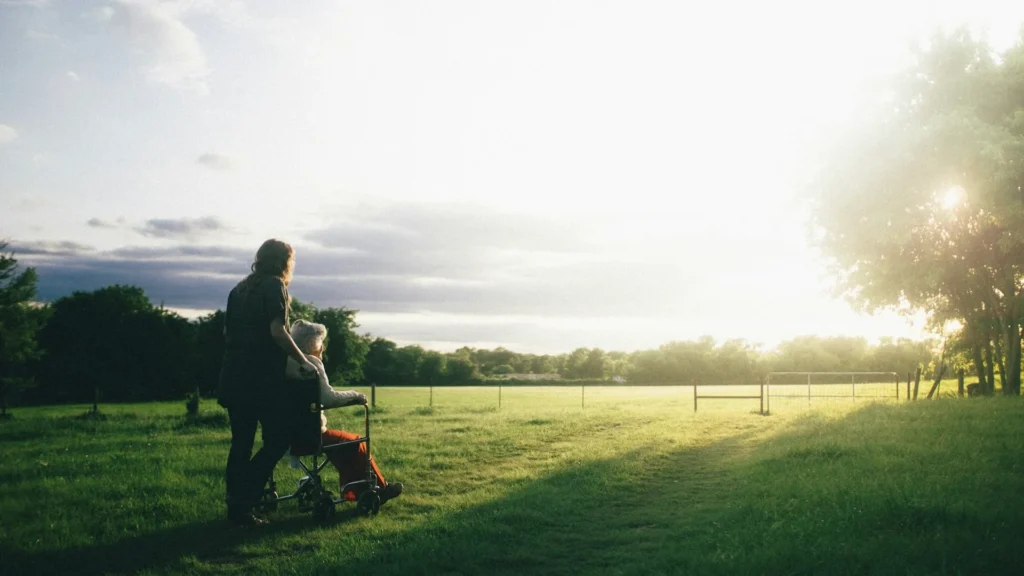 Женщина толкает инвалидное кресло с пожилой дамой по траве в парке