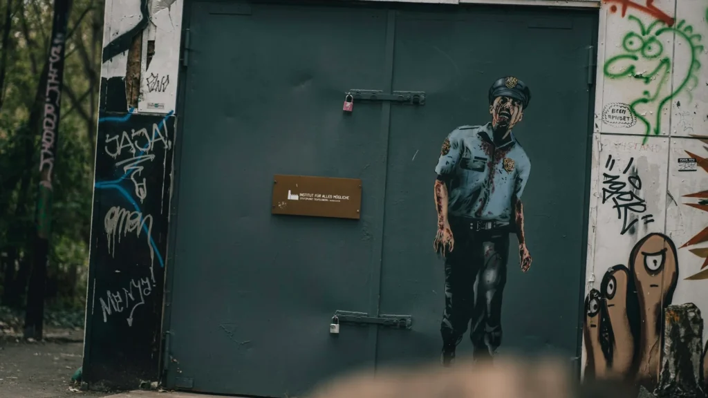 Изображение зомби-полицейского на воротах здания