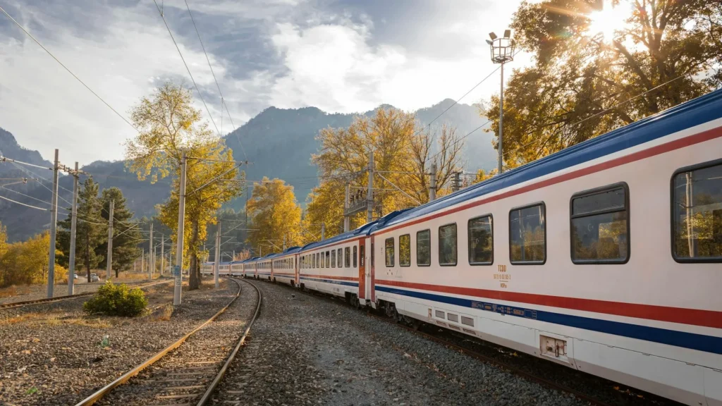 Поезд на железной дороге в горах, осень