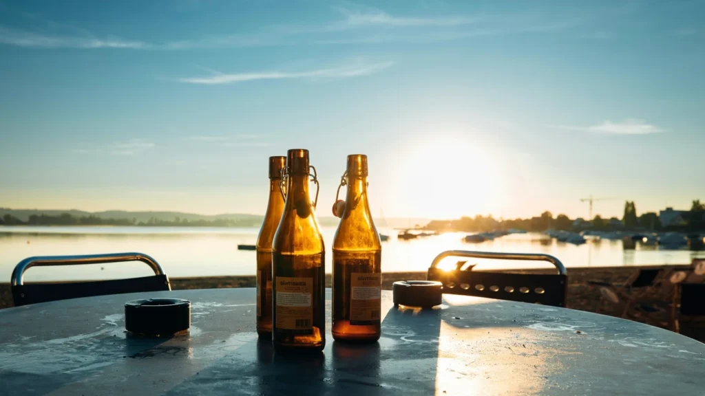 Бутылки пива на столе на закате на пляже