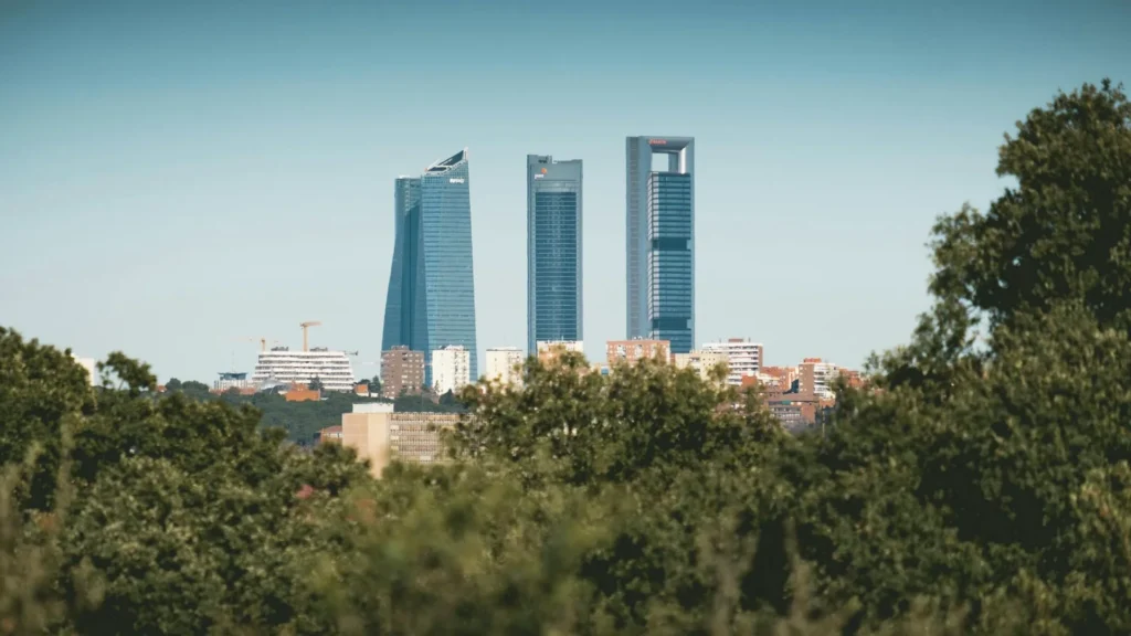 Небоскребы на фоне неба, деревья