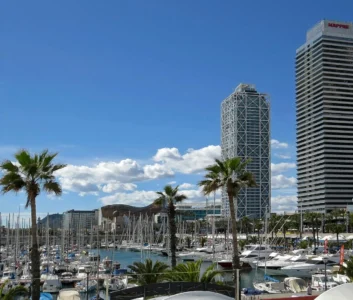 Два небоскреба на береговой линии, яхты